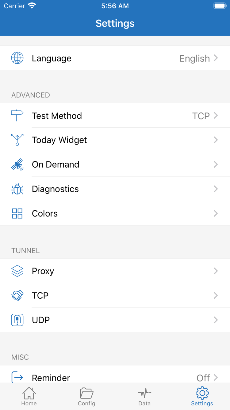 Shadowrocket公式のSettings画面。Language、Test Method、On Demand、Diagnostics、Proxy、TCP、UDPを表示
