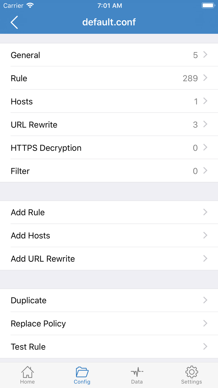 Shadowrocket公式のConfig設定編集画面。General、Rule、HostsなどのセクションとAdd Ruleを表示